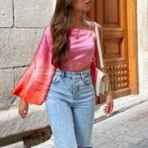 ZARA Pink & Orange Asymmetrical Tie Dye Silky One Shoulder Tie Top